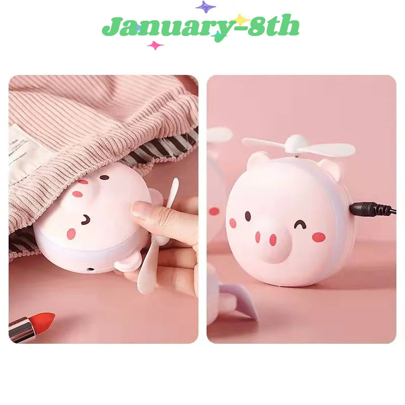 Cute Piggy Makeup Mirror With Led Light Handheld Cosmetic Mirror With Small Fan Girls Travel Portable Vanity Mirror HD Mirror