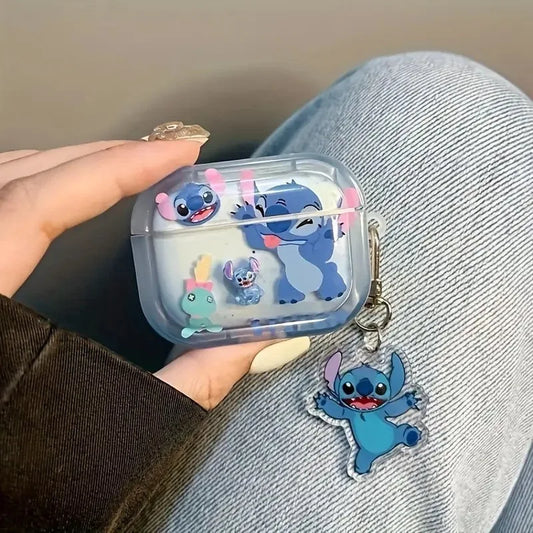 Kawaii Cartoon Stitch Case For Airpods 4 3 2 1 Pro Pro2 Anime Lilo & Stitch Protective Earphone Cover With Key Ring Kids Gifts