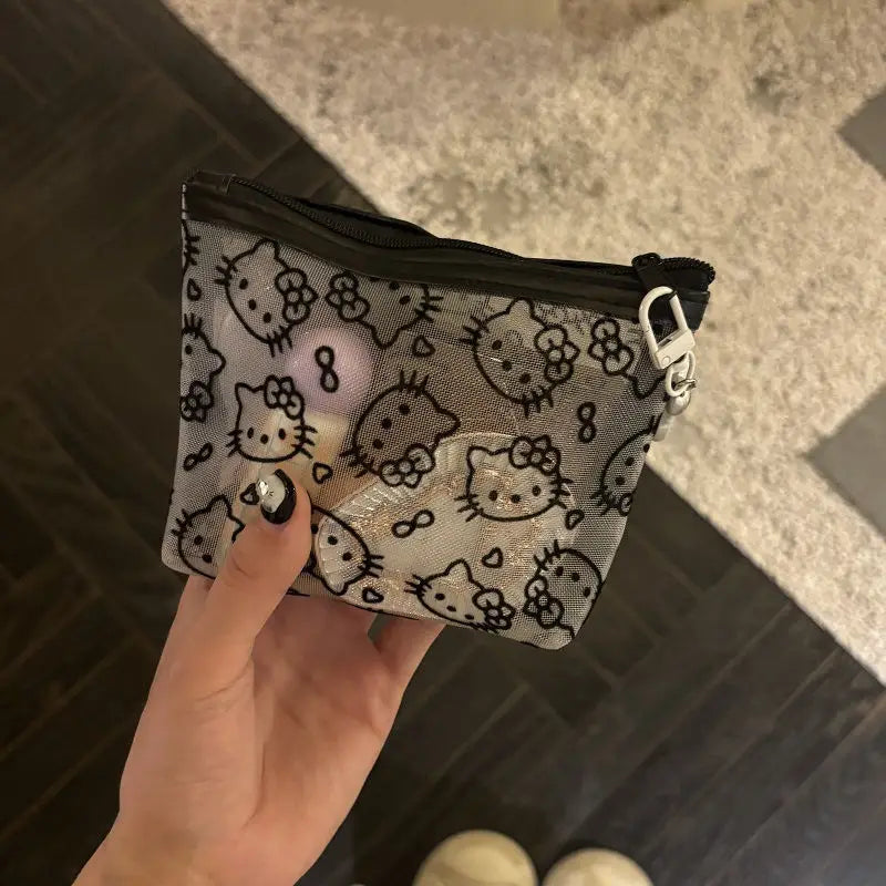 New 2025 Sanrio Hello Kitty Mesh Material Storage Bag Portable Zipper Coin Purse Creative Earphone Bag Cute Girls Cosmetic Bag