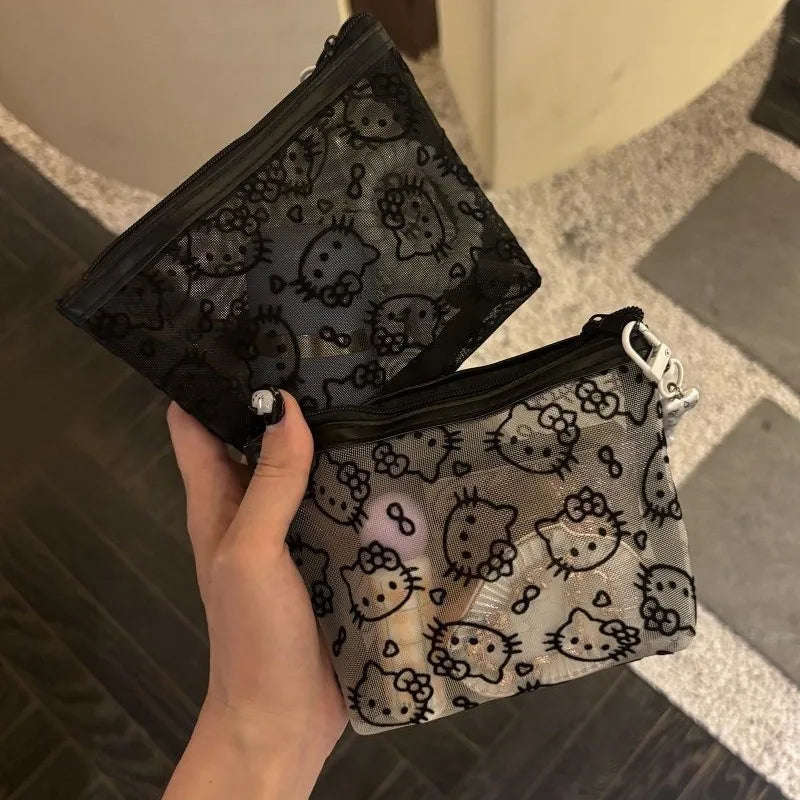 New 2025 Sanrio Hello Kitty Mesh Material Storage Bag Portable Zipper Coin Purse Creative Earphone Bag Cute Girls Cosmetic Bag