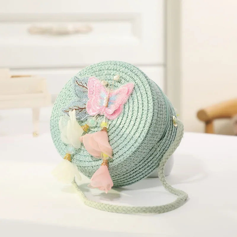 Fashion Round Woven Bow Girls Crossbody Bag Simple Baby Kids Beach Purse Clutch Casual Straw Flower Children's Shoulder Bags