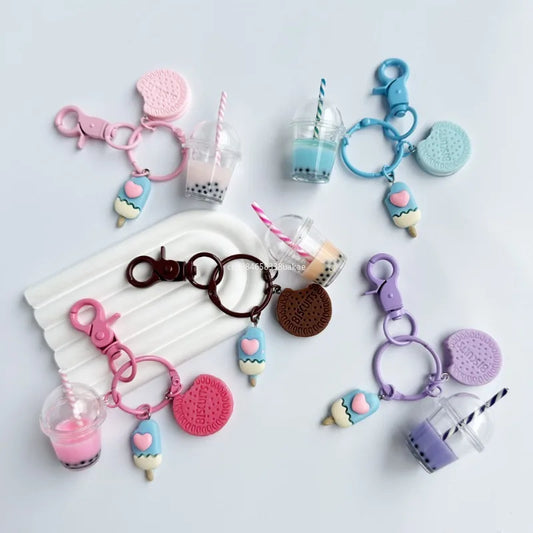 1Pcs New Cute Keychains Ice-cream Bubble Tea Biscuit Pink Key Rings Friendship for Best Friend Women Girl Handbag Gifts Jewelry