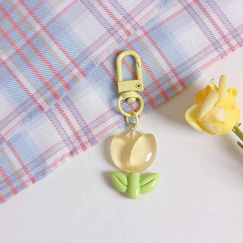 Resin Tulip Keychain Pendant Flower Girl Heart Cute Bag Ornament Headphone Key Case Decoration