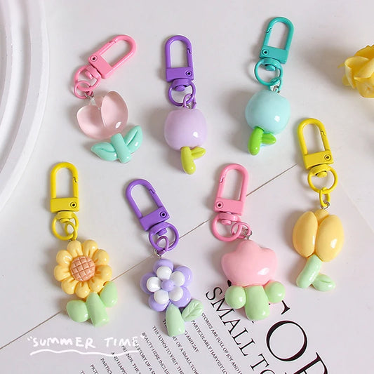 Resin Tulip Keychain Pendant Flower Girl Heart Cute Bag Ornament Headphone Key Case Decoration