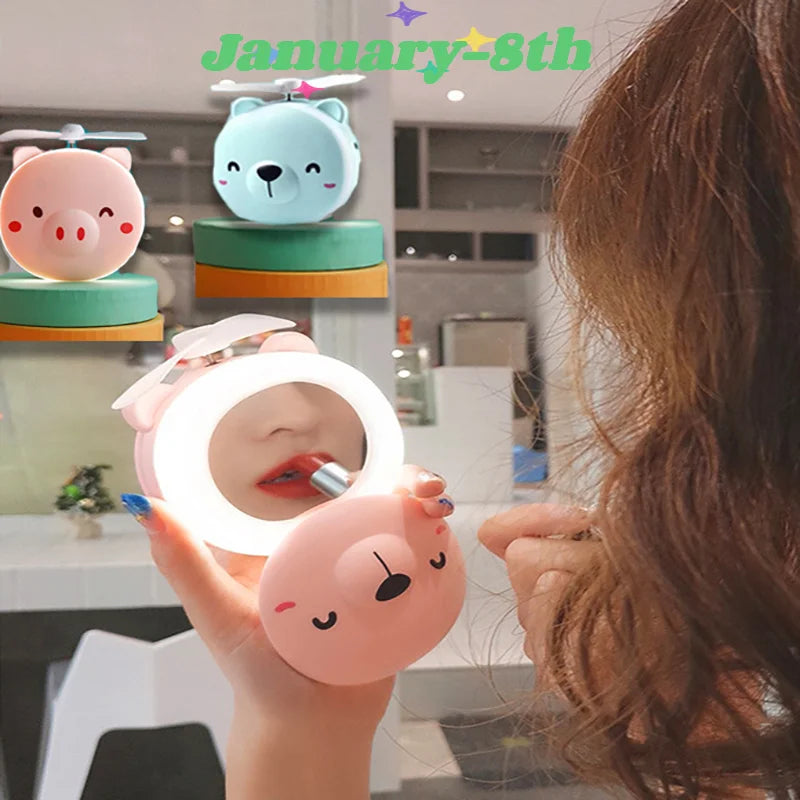 Cute Piggy Makeup Mirror With Led Light Handheld Cosmetic Mirror With Small Fan Girls Travel Portable Vanity Mirror HD Mirror
