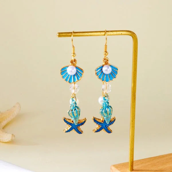 Fashion Asymmetric Ocean Style Earrings Stud  For Women Starfish Shell Earring Ear Ring Imitation Pearl Zircon Jewelry Gift
