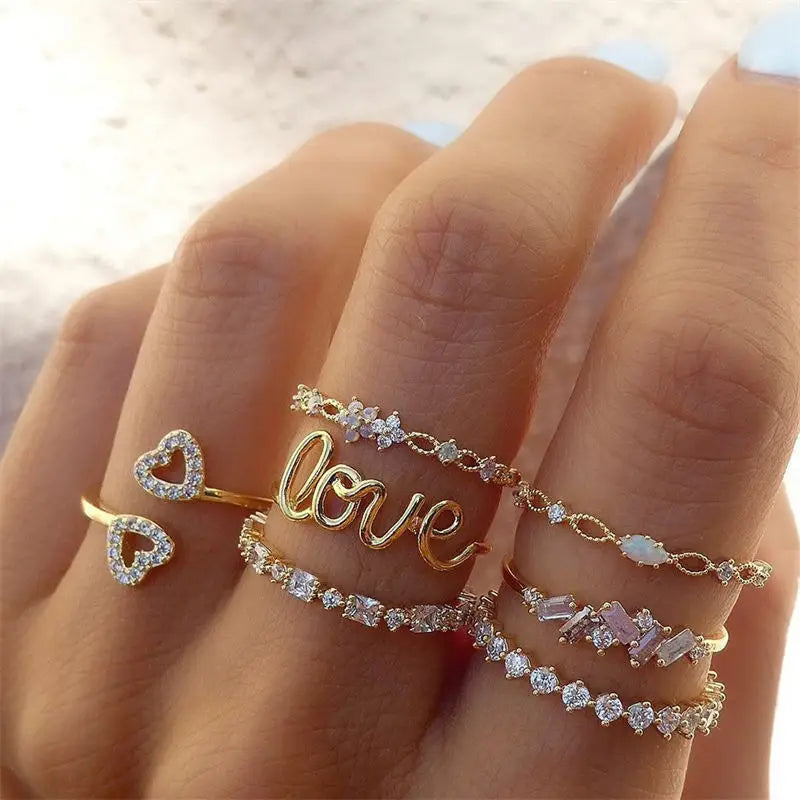 Boho Gold Color Heart Rings Set For Women Cubic Zirconia Star Moon Arrow Flower Finger Rings Female Trendy Jewelry Gifts