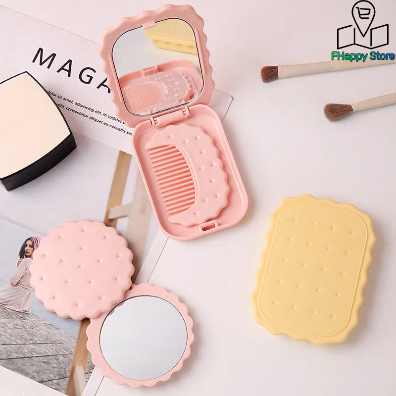 Mini Biscuit Hand-Held Mirror Portable Cheese Biscuit Design Biscuit Make-Up Mirror Cute Folding Biscuit Pocket Mirror Travel