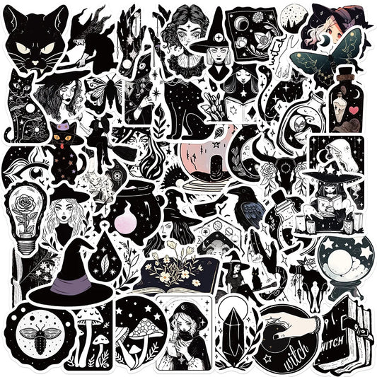 10/30/50PCS Black White Magic Witch Cartoon Sticker DIY Phone Laptop Luggage Skateboard Graffiti Decals Fun for Kid Toy