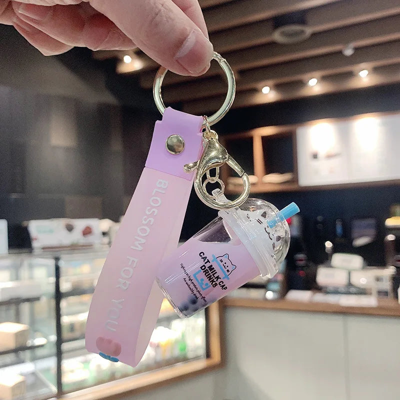 Cartoon Cat Liquid Milk Tea Cup Drinks Key Chain Flower Lanyard Cute Moving Quicksand Keychain For Women Bag Pendant Kids Gifts