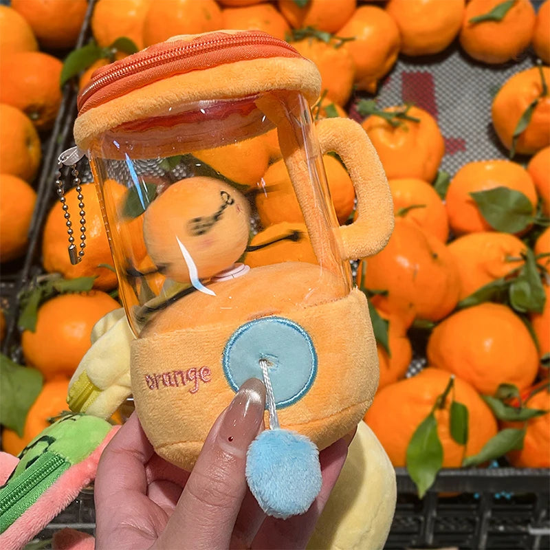 Cute Cartoon Fruit Juicer Plush Toy Keychain Funny Drawstring Rotating Stuffed Doll Keychain Creative Backpack Decoration Gifts