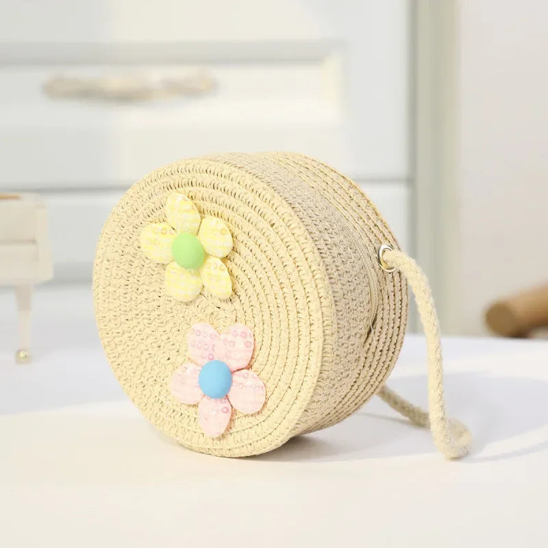 Fashion Round Woven Bow Girls Crossbody Bag Simple Baby Kids Beach Purse Clutch Casual Straw Flower Children's Shoulder Bags