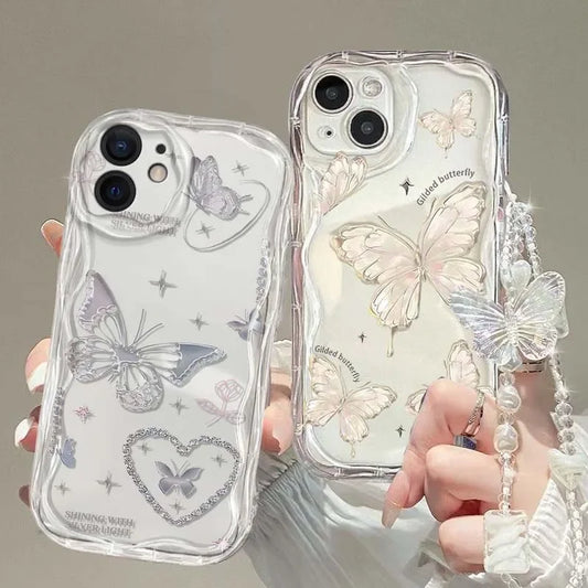 Korean Butterfly Bracelet Chain Case For iPhone 16 15 12 11 Pro Max 14 Plus 13 Mini 16E X XS XR 7 8 Plus SE Funda With Lanyard
