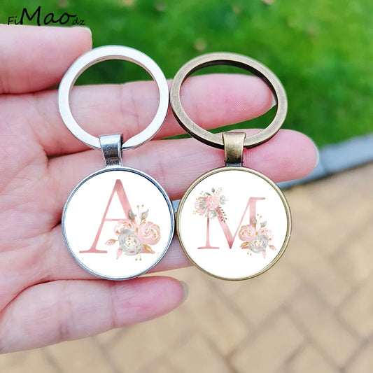 26 Letter Keychain Wholesale Creative Flower Alphabet ABCD Name Design Glass Cabochon Key Chain Christmas Gift for Friends