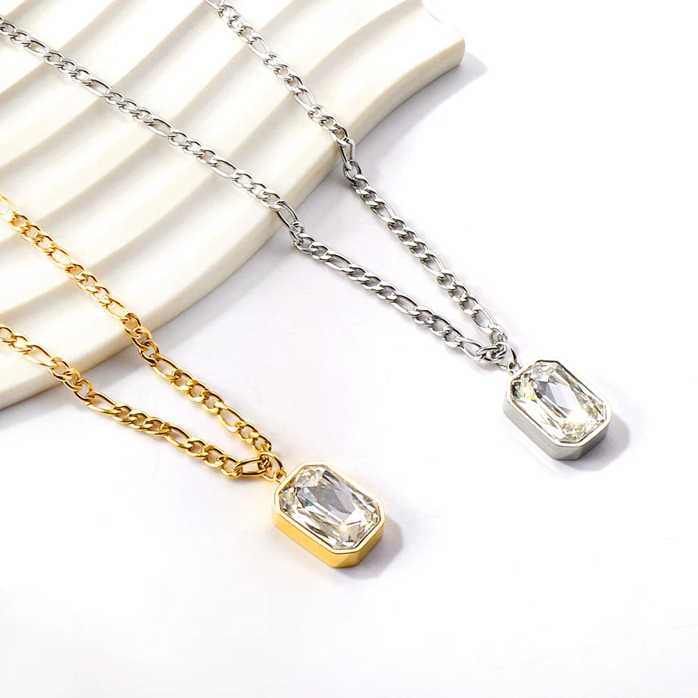 LUXUSTEEL Retro Colorful Square Crystal Pendant Necklace For Women Stainless Steel Figaro Chain Green White Red CZ Wedding Gift