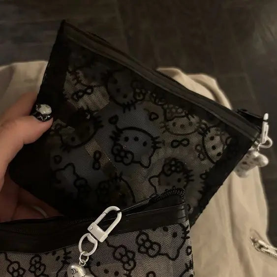 New 2025 Sanrio Hello Kitty Mesh Material Storage Bag Portable Zipper Coin Purse Creative Earphone Bag Cute Girls Cosmetic Bag