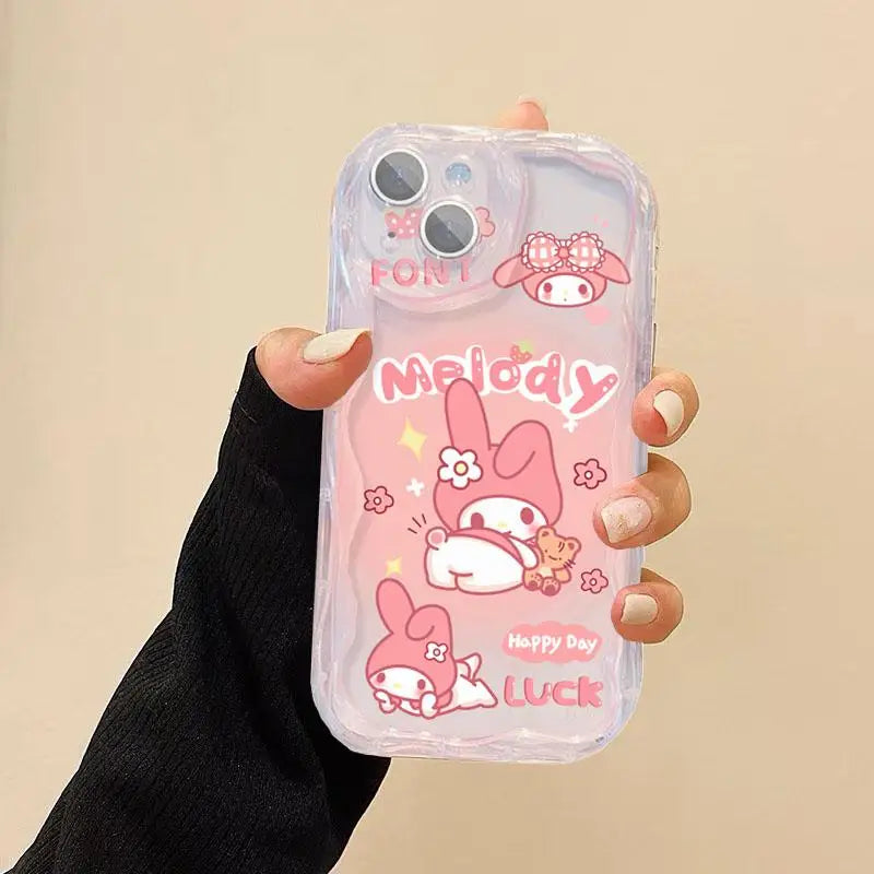Cute Kuromi Melody Grip Tok Holder Wave Soft Phone Case For IPhone 15 Pro Max 14 11 12 13 Mini XR 6s 6 8 7 Plus X XS SE 2022