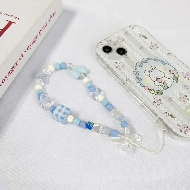 1Pc Blue Lovely INS Small Fresh Crystal Beaded Mobile Phone Lanyard Casual Cute Girl CCD Bag Key Chain Strap DIY Decor Pendant