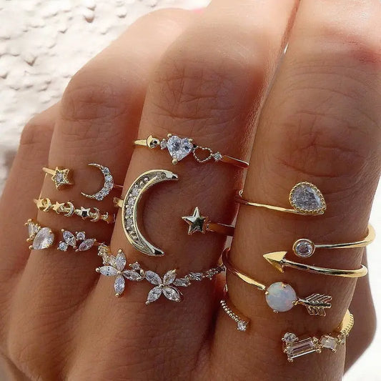 Boho Gold Color Heart Rings Set For Women Cubic Zirconia Star Moon Arrow Flower Finger Rings Female Trendy Jewelry Gifts