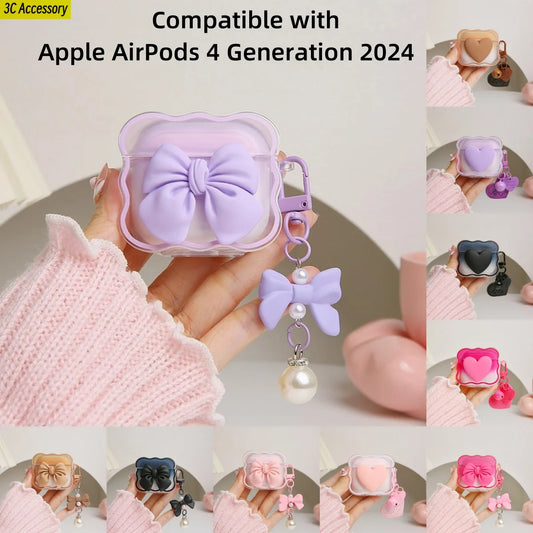 for airpod 4 case Cute 3D Bow Tie Design Shockproof Soft Clear TPU Kawaii Protector Cover for Women Airpods 4 Case with Keychain