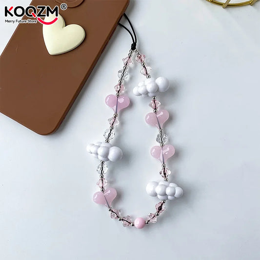 Y2K Korean Love Heart Phone Chains Girls Mobile Phone Charm Strap Sweet Cloud Pendant Phone Case Hanging Lanyard Accessories