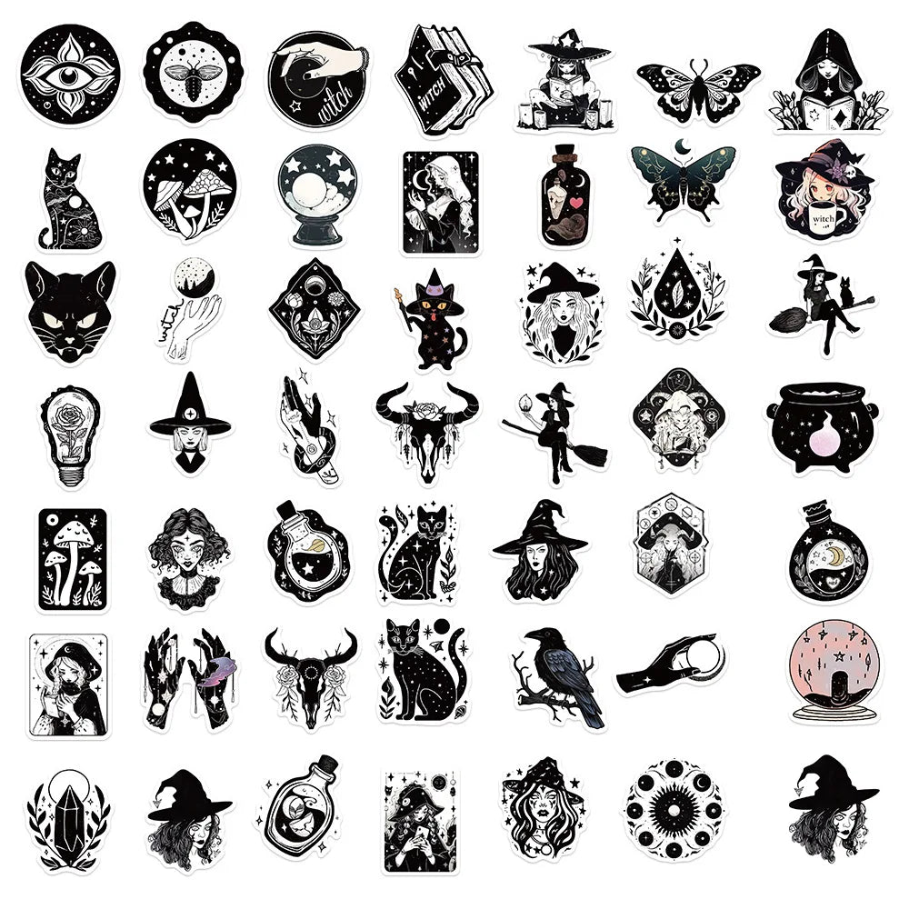 10/30/50PCS Black White Magic Witch Cartoon Sticker DIY Phone Laptop Luggage Skateboard Graffiti Decals Fun for Kid Toy
