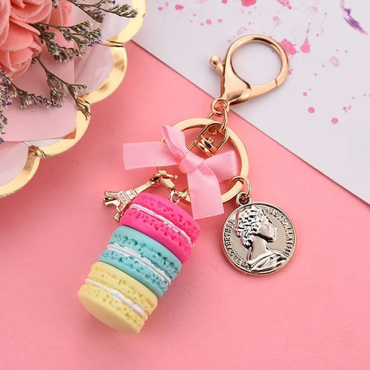Lovely Macaron Cake Eiffel Tower Food Keychain Bowknot Car Keyring Bag Purse Pendant Food Cake Macaroon Key Chain