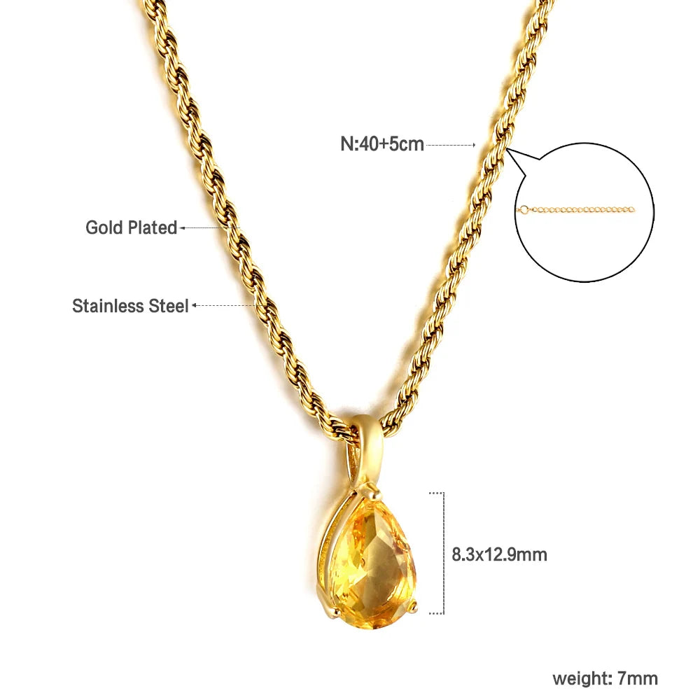 LUXUSTEEL Retro Colorful Square Crystal Pendant Necklace For Women Stainless Steel Figaro Chain Green White Red CZ Wedding Gift
