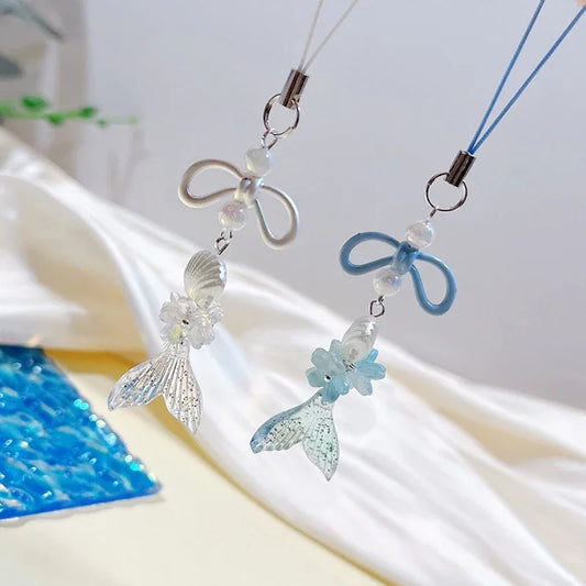 Acrylic Laser Bow Cherry Blossom Mermaid Mobile Phone Straps Phone Chain Pendant Universal Phone Keychain Backpack Decor