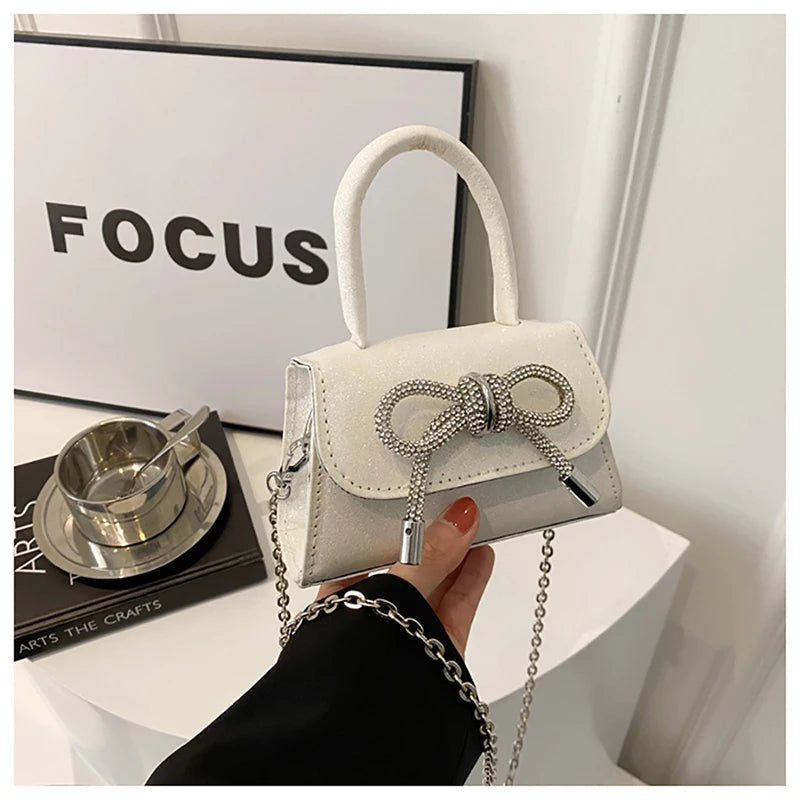French Light Luxury Diamond Sparkling Mini Handbag Fashion Bowknot Design Chain Crossbody Bag Women's Summer New Night Club Bag