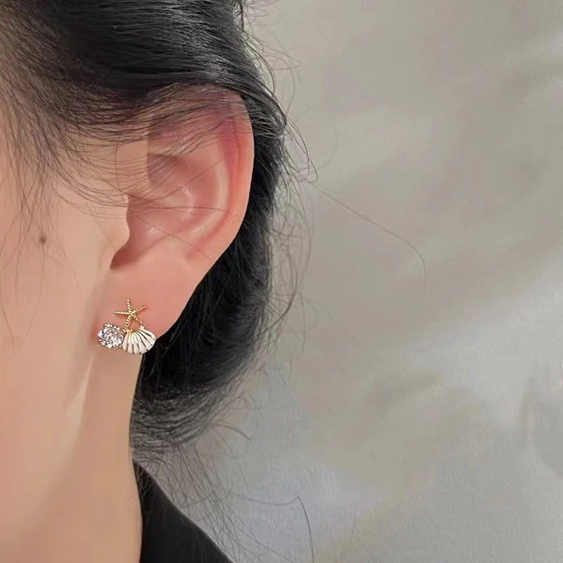 Fashion Asymmetric Ocean Style Earrings Stud  For Women Starfish Shell Earring Ear Ring Imitation Pearl Zircon Jewelry Gift