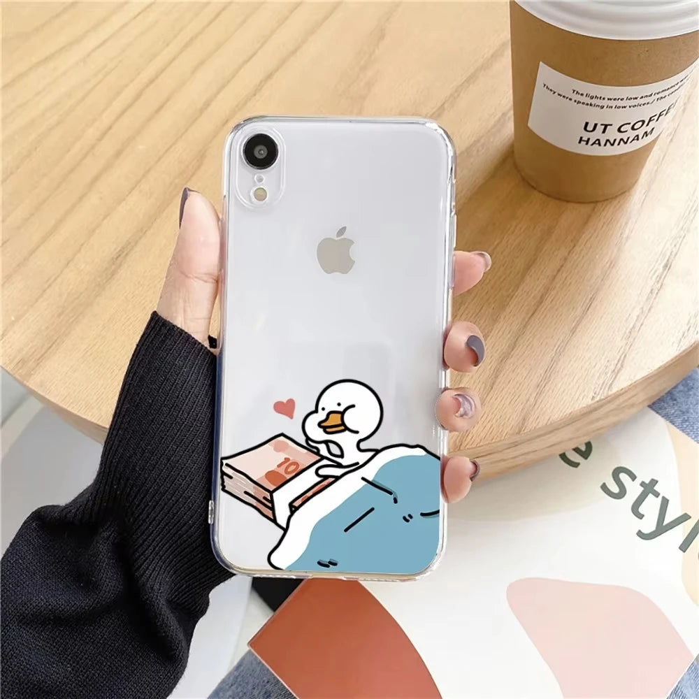 Funny Duck Phone Case For iPhone 16 15 14 13 12 11 Pro XS MAX 7 XR 8 7 Plus Clear Cover Fundas