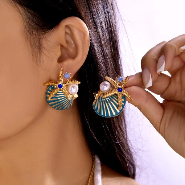 Fashion Asymmetric Ocean Style Earrings Stud  For Women Starfish Shell Earring Ear Ring Imitation Pearl Zircon Jewelry Gift