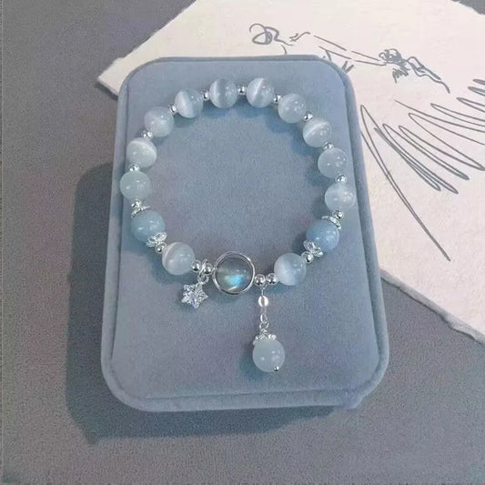 Unique Dreamy Blue Moonstone Cat Eye Pendant Crystal Bead Bracelet Party Jewelry Gift For Women