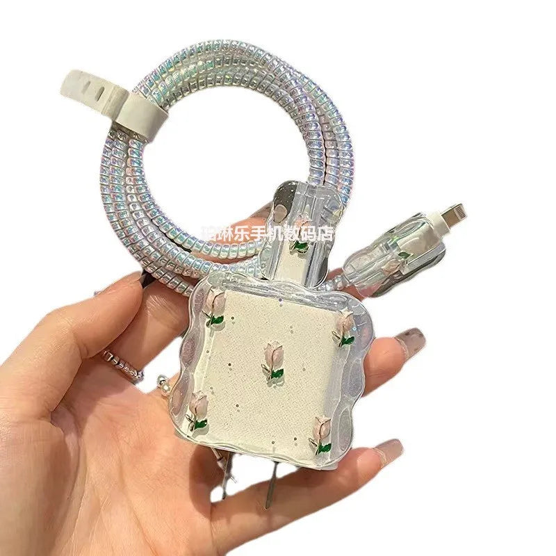 Kawaii Bow Charger Data Cable Case Protector Winding Kit for IPhone 16 15 20W Shining Bowknot Cellphone Charger Protective Case