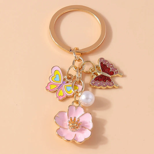 Cute Enamel Flower Keychain Butterfly Key Rings Pendants for Key Holder Women Girls Handbag Decor DIY Jewelry Gifts