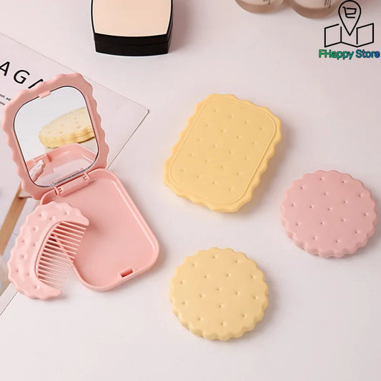 Mini Biscuit Hand-Held Mirror Portable Cheese Biscuit Design Biscuit Make-Up Mirror Cute Folding Biscuit Pocket Mirror Travel