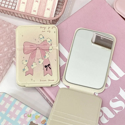 Portable Foldable Makeup Mirror PU Leather Handheld Mirrors Cute Bow Bunny Cat Bear Mini Pocket Girls Student Cosmetic Mirror