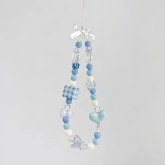 1Pc Blue Lovely INS Small Fresh Crystal Beaded Mobile Phone Lanyard Casual Cute Girl CCD Bag Key Chain Strap DIY Decor Pendant