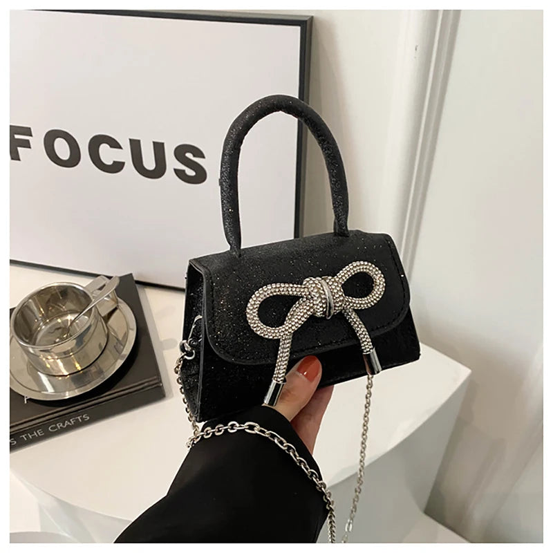 French Light Luxury Diamond Sparkling Mini Handbag Fashion Bowknot Design Chain Crossbody Bag Women's Summer New Night Club Bag
