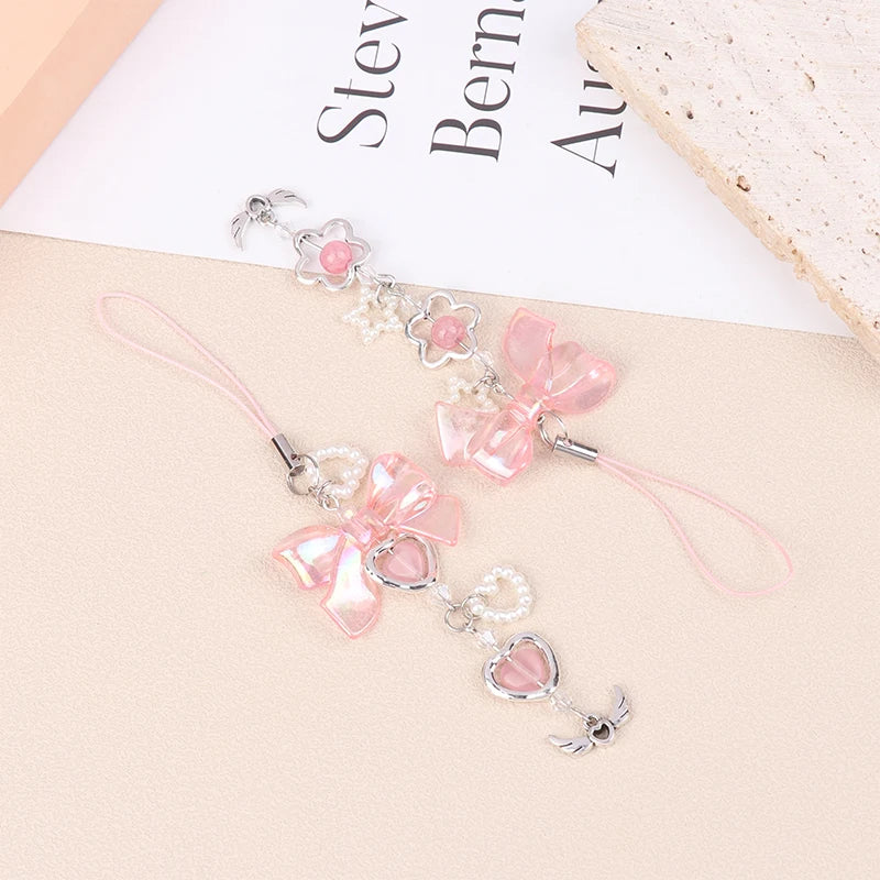 Kawaii Clear Heart Bow Knot Pendant Phone Charm Strap Camera Lanyard Sweet Cool Girl Jewelry Keychain