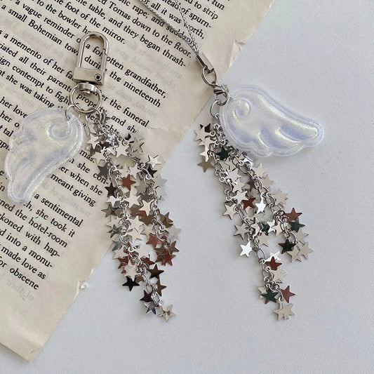 1 Piece Cute Angel Wings Star Chain Mobile Phone Charm Keychain Y2K Backpack Pendant Bag Hanging Ornament Girl Gift