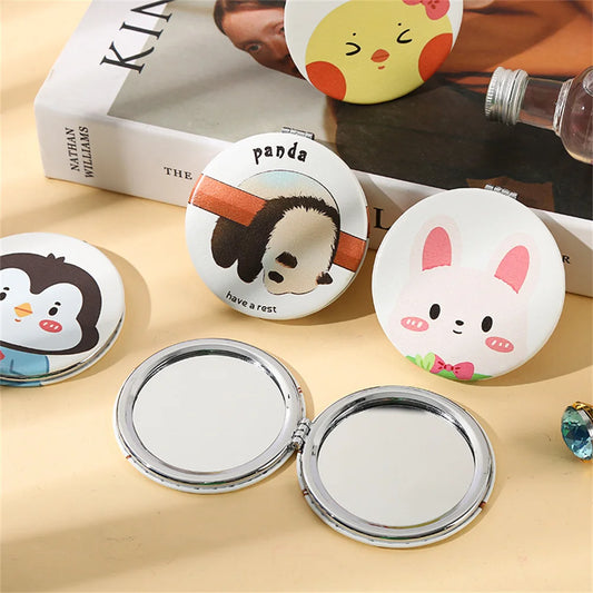 Portable Double-Side Folding Makeup Mirror Mini Round Cartoon Pattern Pocket Compact Vanity Handheld Mirror Travel Cosmetic Tool