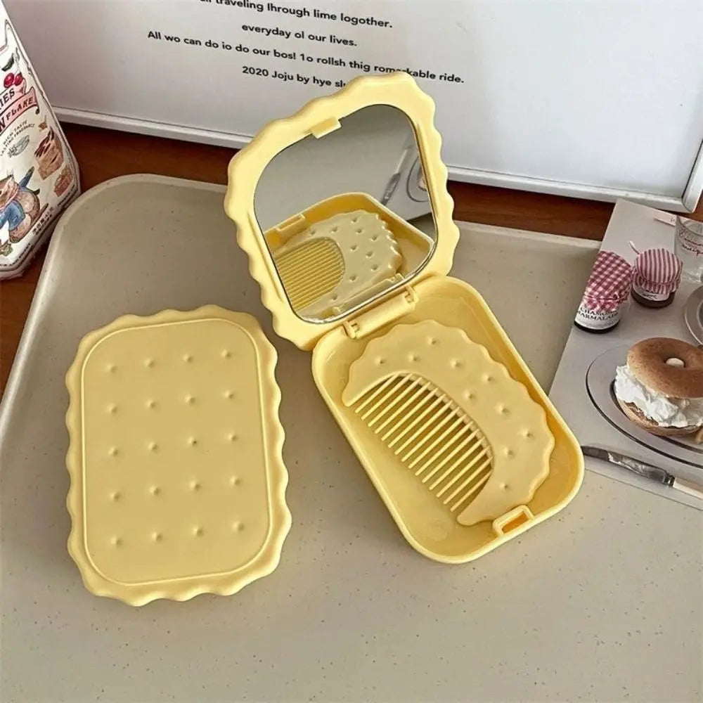 Cheese Biscuit Design Pocket Mirror Portable Foldable Mini Makeup Mirror For Travel Daily Use Cute Cartoon Style