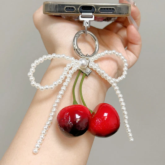 Fashion Pearl Bowknot Keychain Phone Lanyard Pendant Hanging Accessories Sweet Cherry Keyring Charm Jewelry For Girl Women Gift