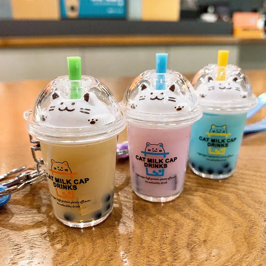 Cartoon Cat Liquid Milk Tea Cup Drinks Key Chain Flower Lanyard Cute Moving Quicksand Keychain For Women Bag Pendant Kids Gifts