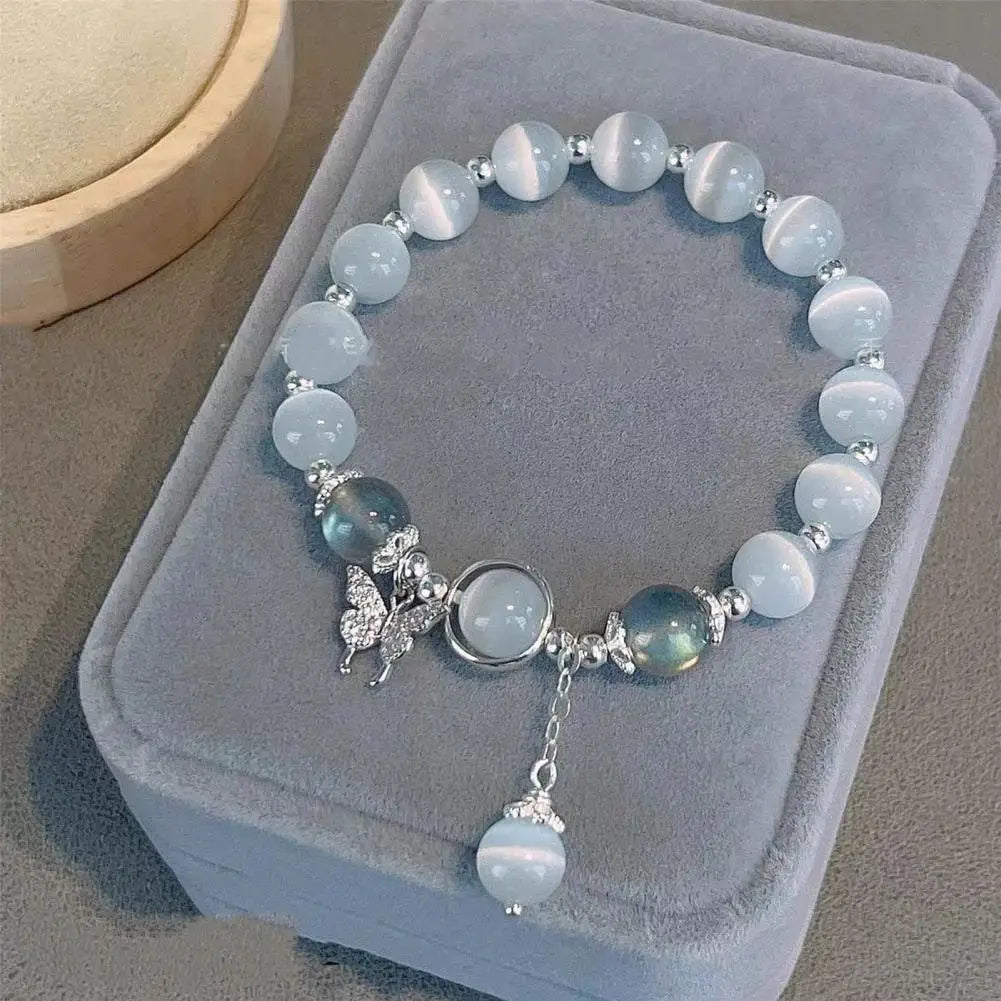 Women Bracelet Imitation Opal Butterfly Pendant Elastic Bead Chain Bracelet Lady Birthday Gift Exquisite Wrist Bracelet Jewelry