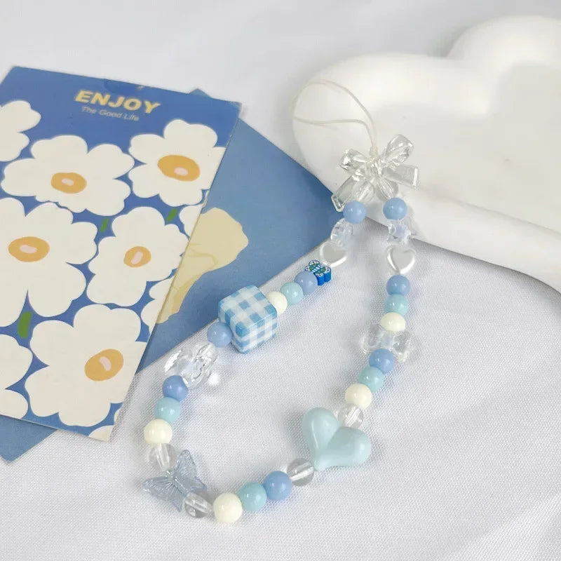 1Pc Blue Lovely INS Small Fresh Crystal Beaded Mobile Phone Lanyard Casual Cute Girl CCD Bag Key Chain Strap DIY Decor Pendant