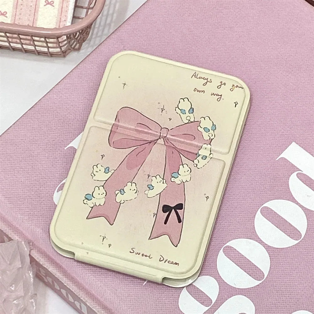 Portable Foldable Makeup Mirror PU Leather Handheld Mirrors Cute Bow Bunny Cat Bear Mini Pocket Girls Student Cosmetic Mirror