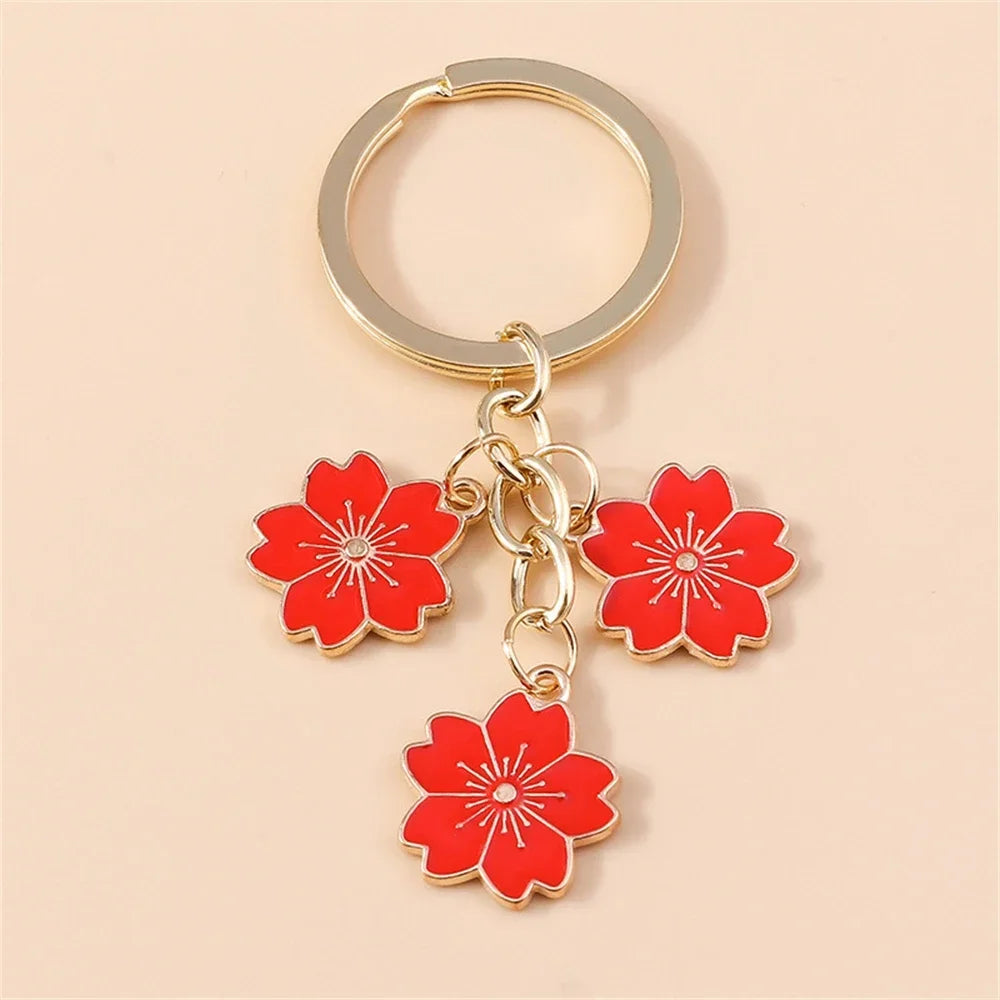 Cute Cherry Blossom Keychain Enamel Flower Pendant Key Chain Couple Car Key Holder Accessories For Women Girls Handbag Jewelry